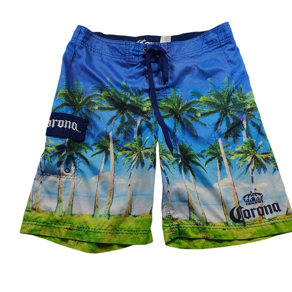 Corona Palm Tree Swim Trunks Men's Blue Board Shorts Beach Vacation Size 34